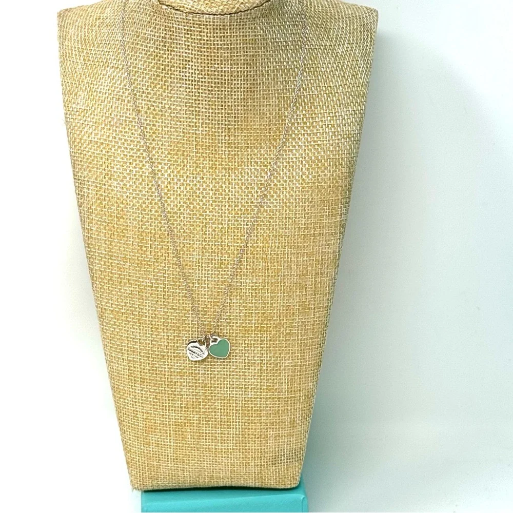 Authentic Tiffany & CO. Return To Enamel Blue Mini Double Heart Necklace. - Picture 3 of 14